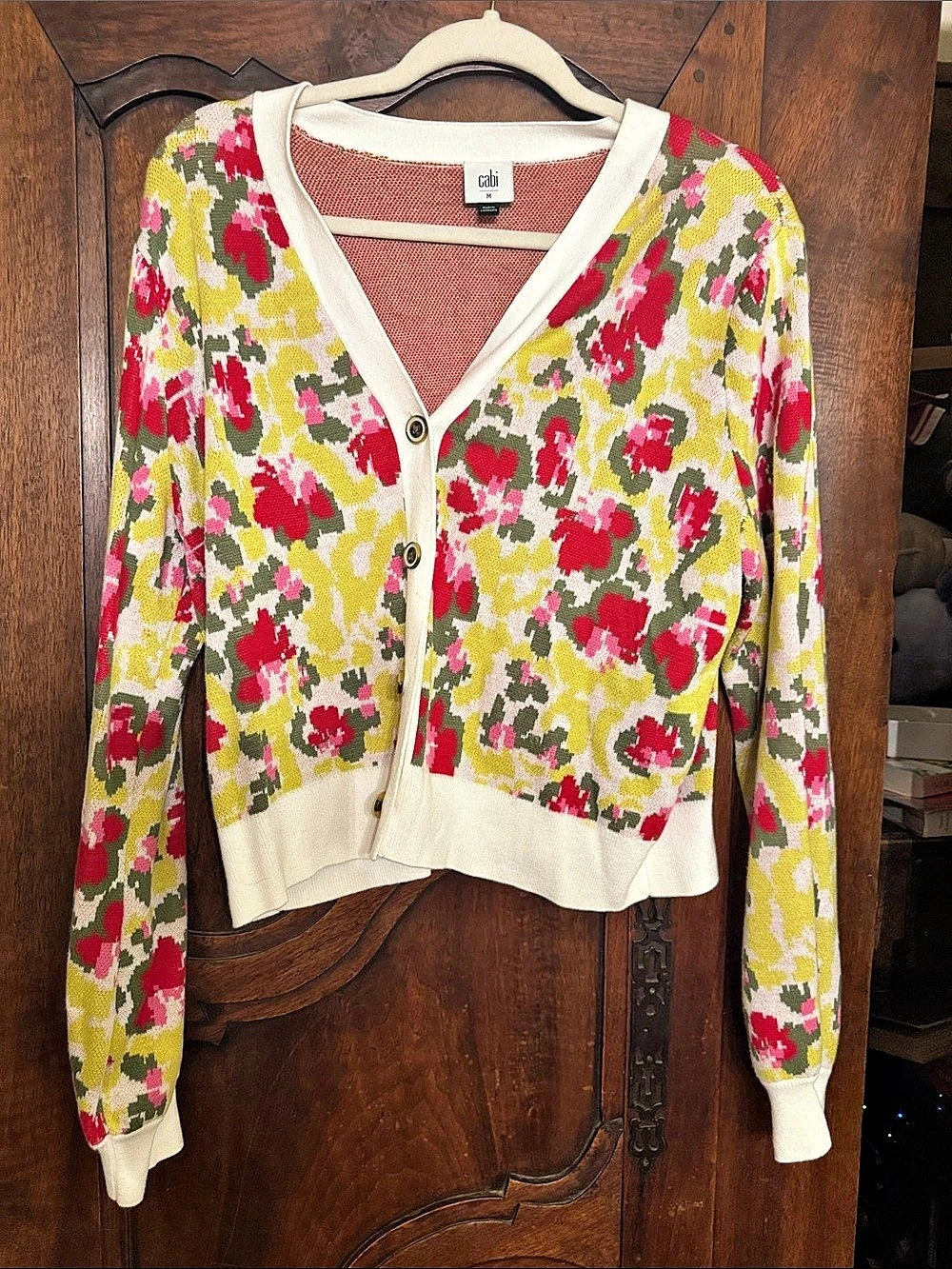 Cabi Floral Button-Front Cardigan Cream & Red Medium